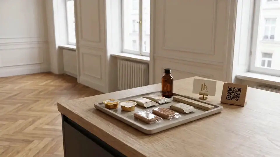 Tray of welcome products laid out on the counter of a bright apartment