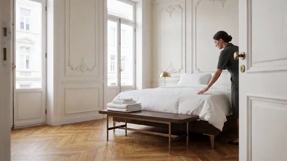 Housekeeper making the bed with white linen in a bedroom