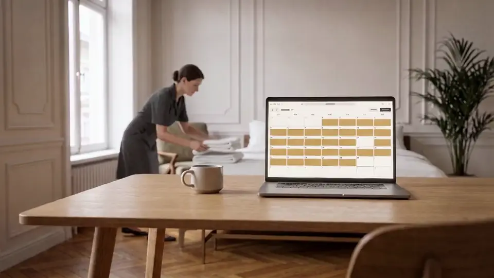 Laptop showing a booking calendar, with the housekeeper folding linen in the background